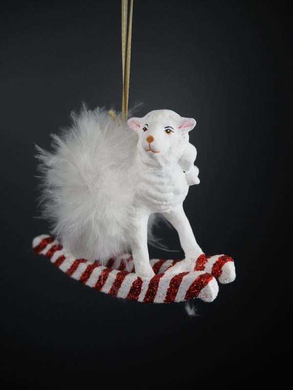 Rocking lamb in white w/ feather orn - Image 3