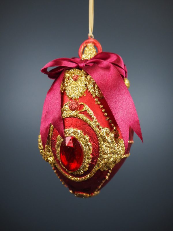 Egg orn satin red w/ glits with bow & jewel orn - Image 2