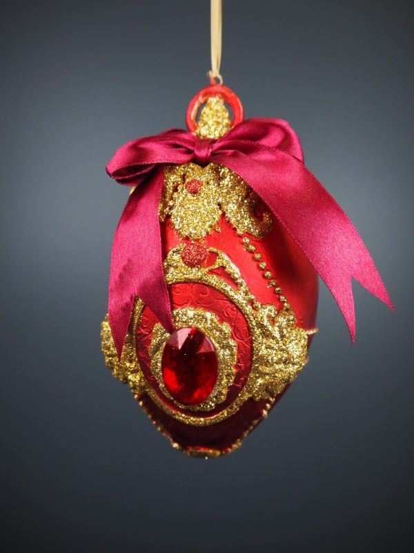 Egg orn satin red w/ glits with bow & jewel orn - Image 3