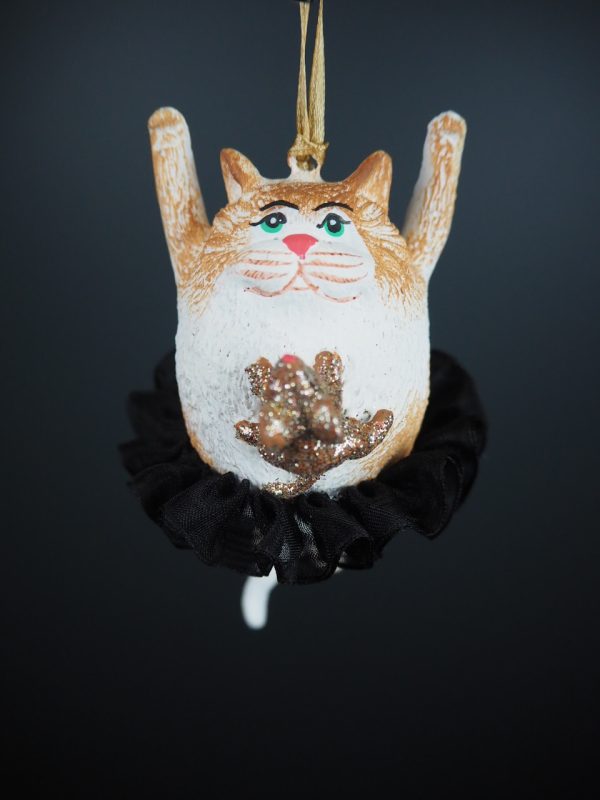 Fat cat w/ mouse on tummy with black fabskirt orn - Image 2