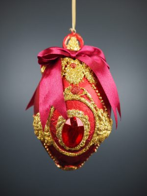 Egg orn satin red w/ glits with bow & jewel orn