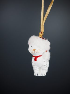 Cutie cat in white w/ red bell & fur orn