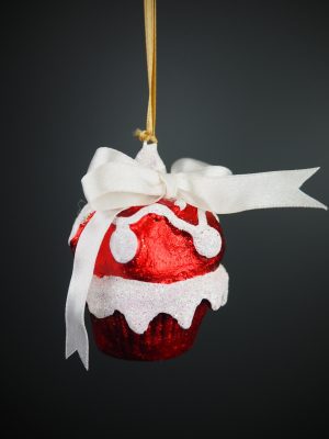 Dotted cupcake orn in satin red & white glits w/ bow orn