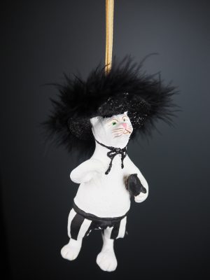 Cat with big hat in white fin w/ blk feather orn