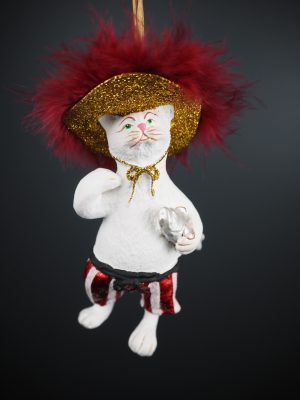 Cat with big hat in white fin w/ red feather orn
