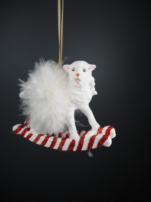 Rocking lamb in white w/ feather orn