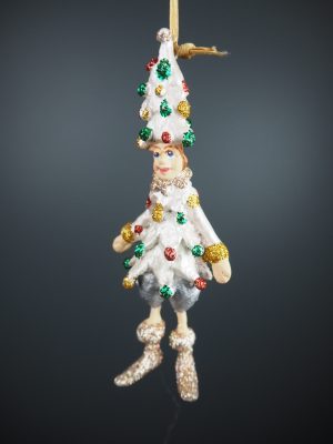 Xmas tree elf in pearl white w/ glits details orn