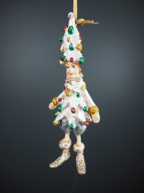 Xmas tree elf in pearl white w/ glits details orn