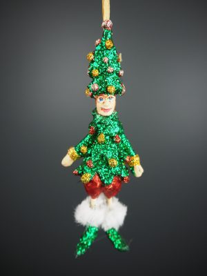 Xmas tree elf in green glits & red/gold details orn