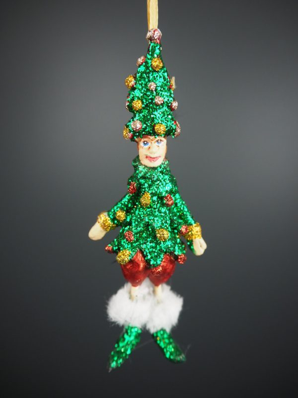 Xmas tree elf in green glits & red/gold details orn
