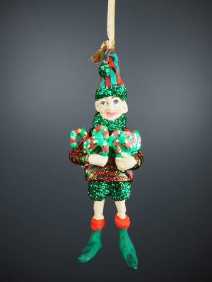 Santa's elf holding candy canes in satin green & red glits o
