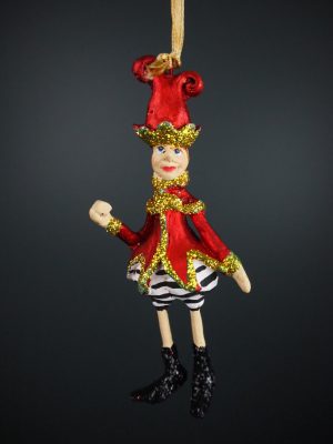 Jester elf in satin red w/ stripe blk/white pants orn