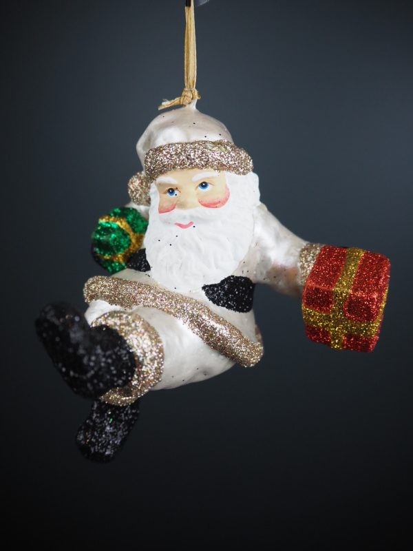 Santa holding gift in pearl whites with glits & fur orn