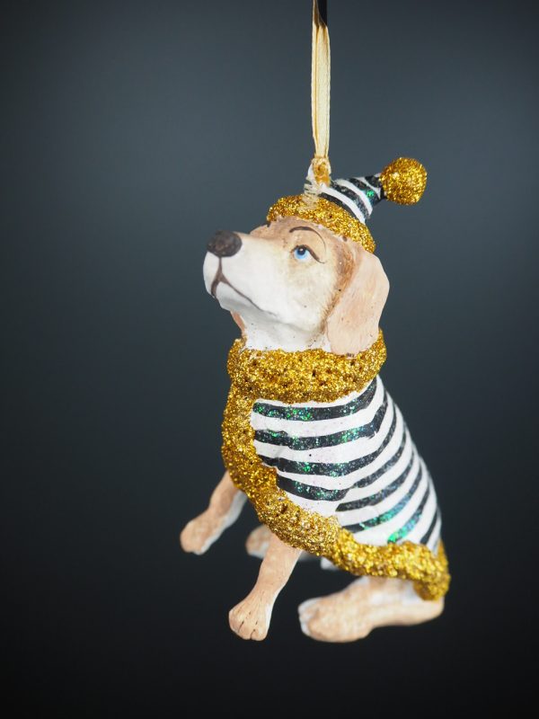 Sitting beagle in stripes coat w/ glits orn