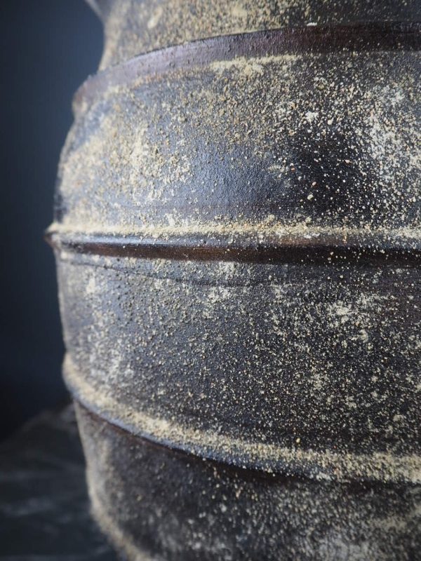 Terracotta jar wide ribbed black cem - Image 2