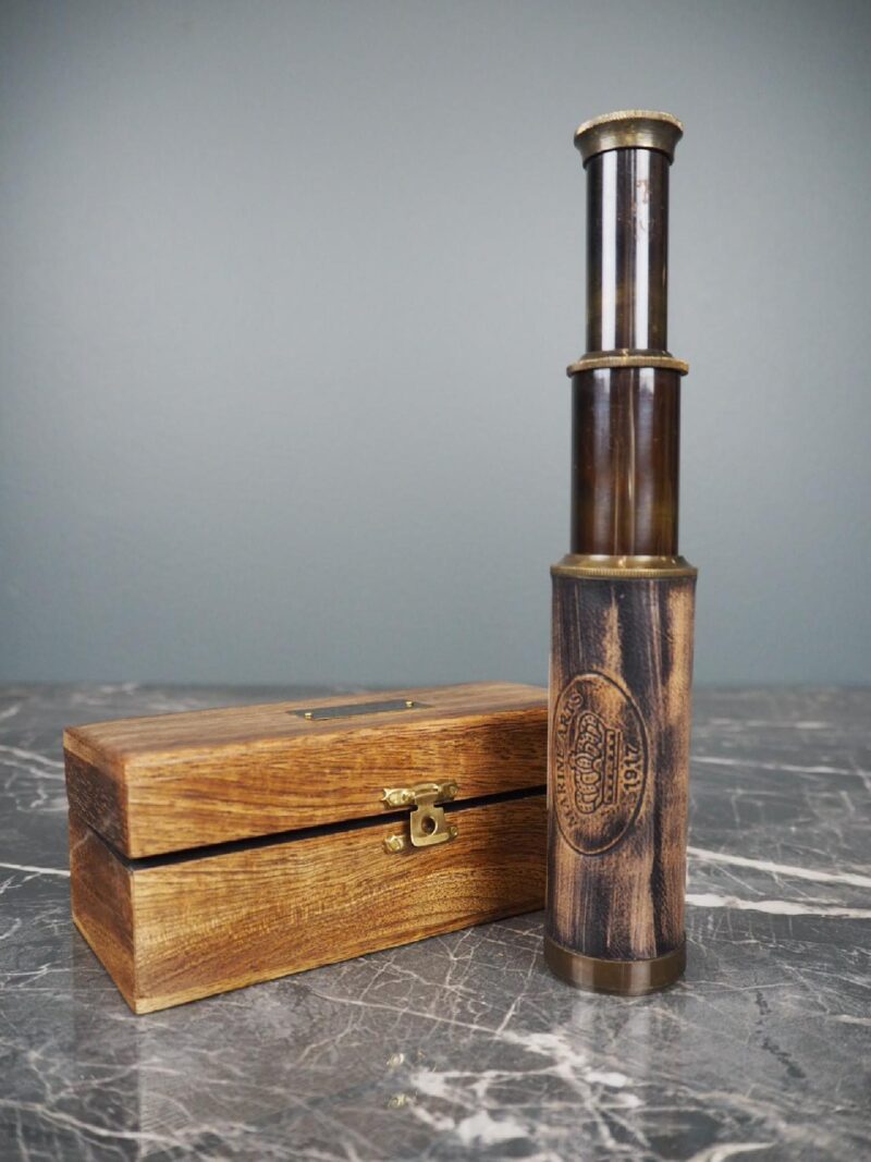 9" Brass Telescope Antq. Finish With Mango Wood Box