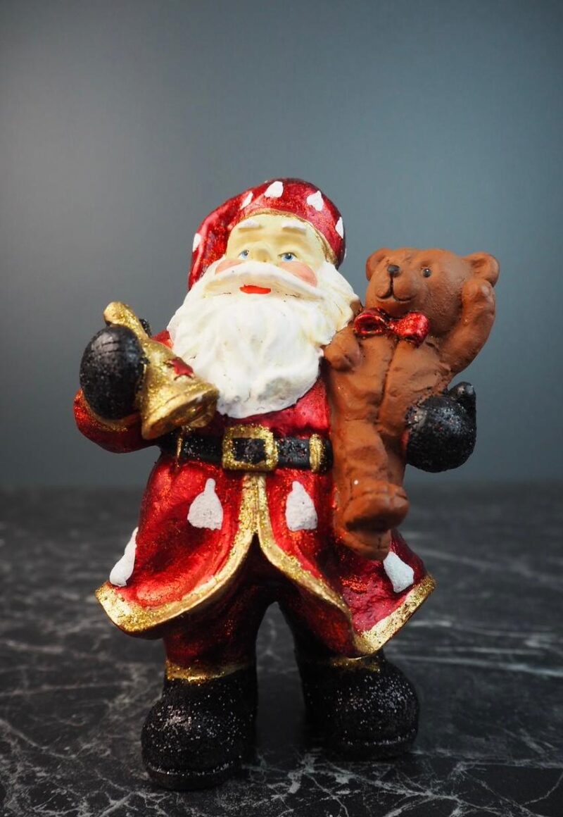 Santa bear & bell,red w/glits t.top
