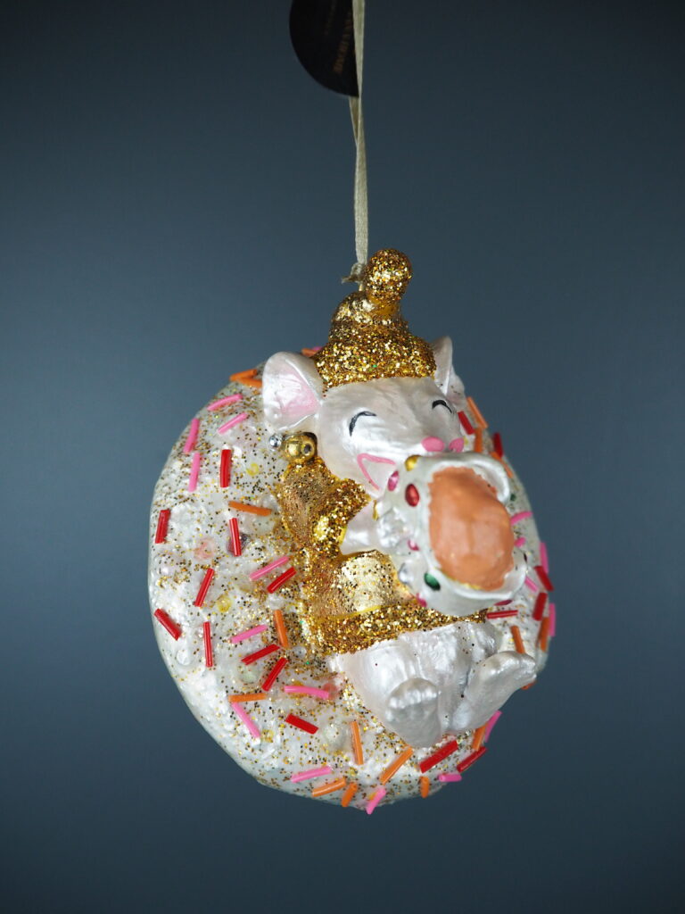 Mouse on red doughnut orn