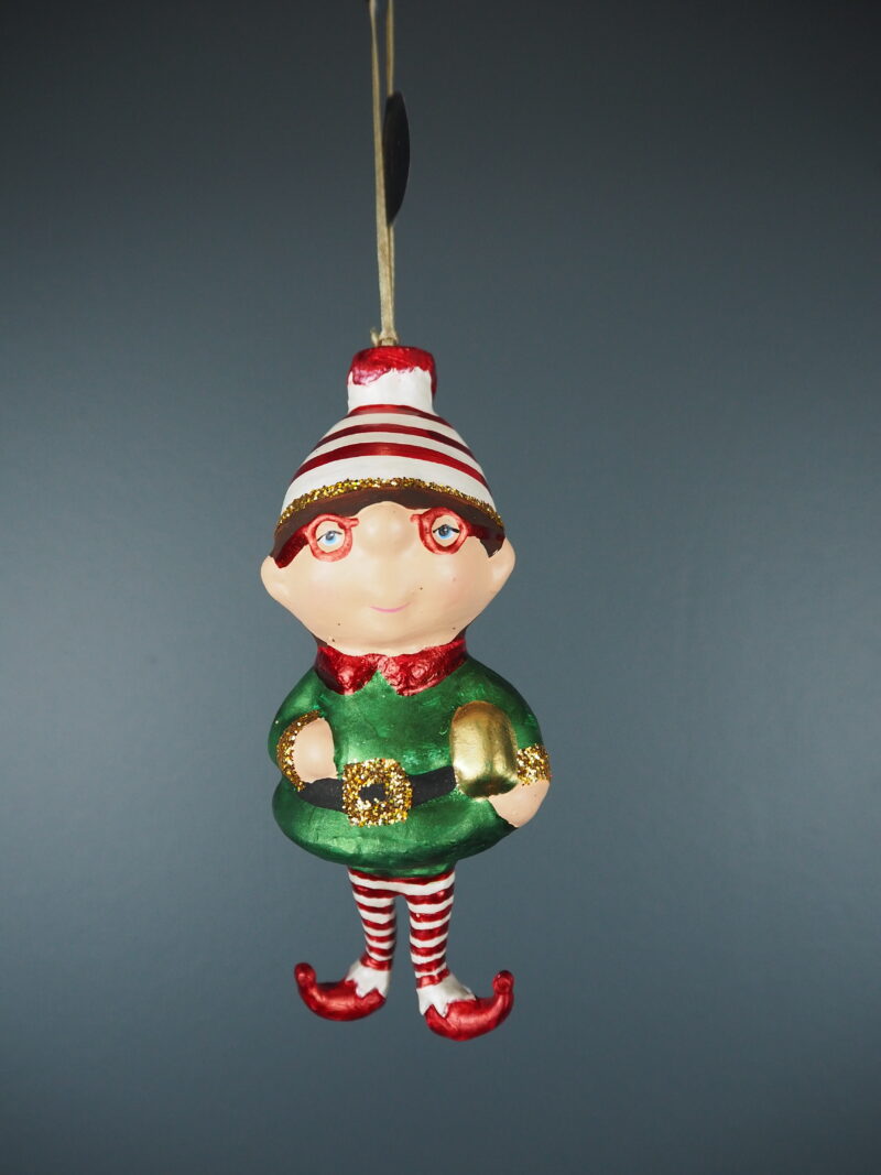 Fat face elf in red white beanie orn