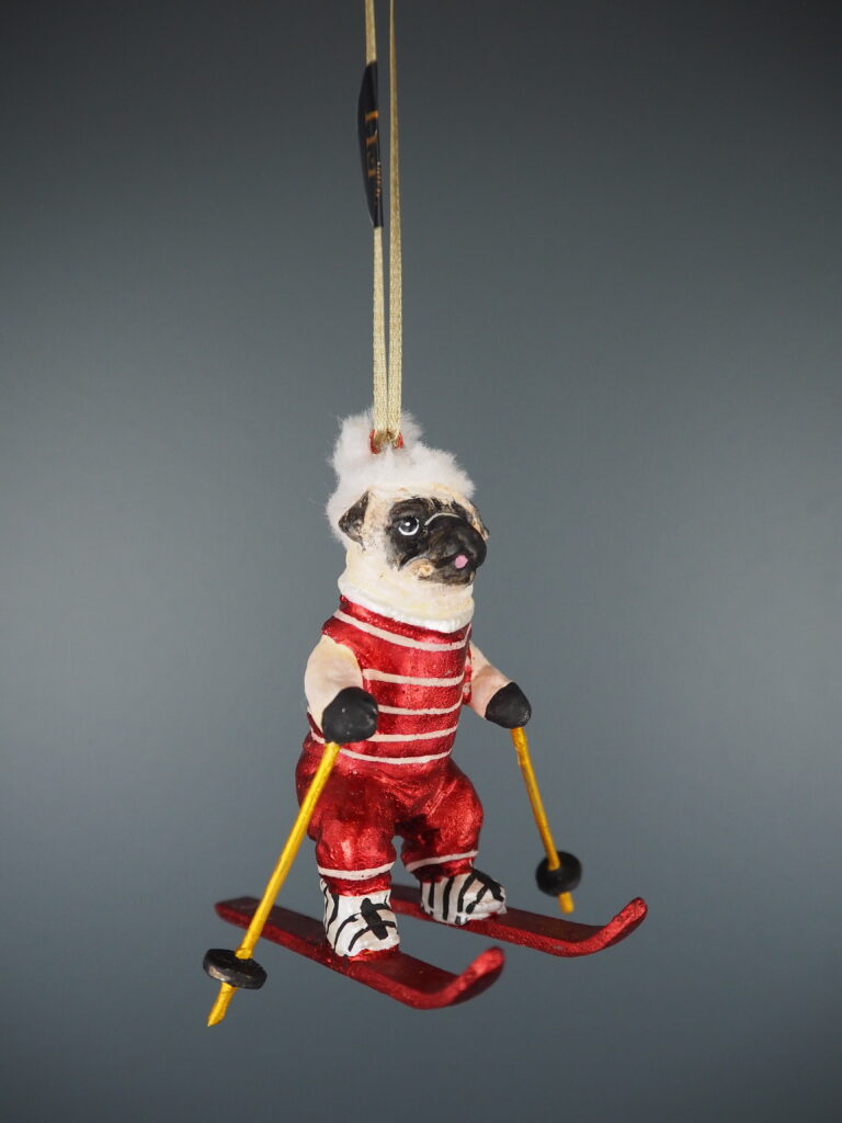 Skiing pug in red/gold  orn - Image 2
