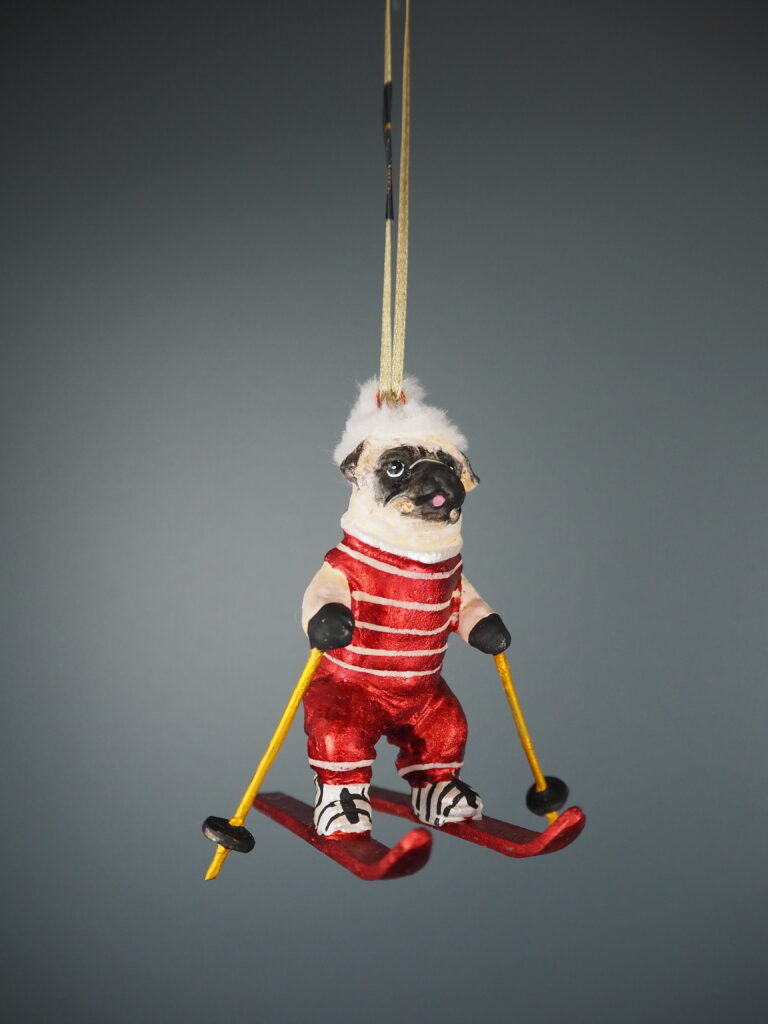 Skiing pug in red/gold  orn - Image 3