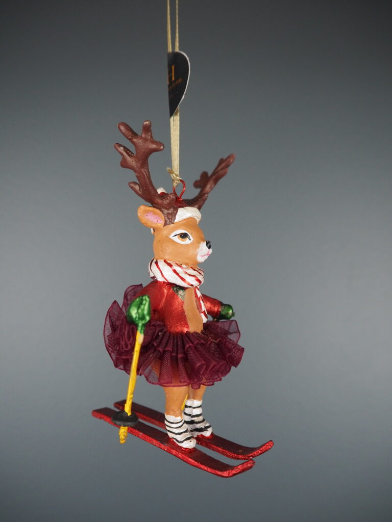 Skiing deer in red w/ fabskirt orn - Image 2