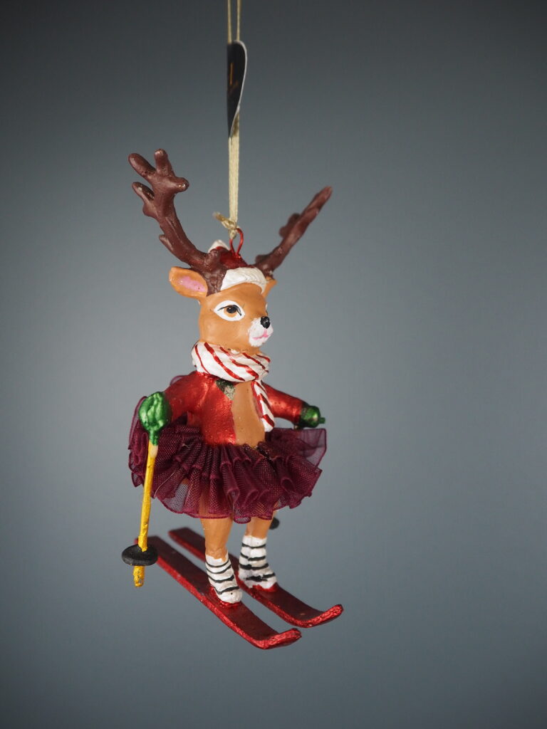 Skiing deer in red w/ fabskirt orn - Image 3