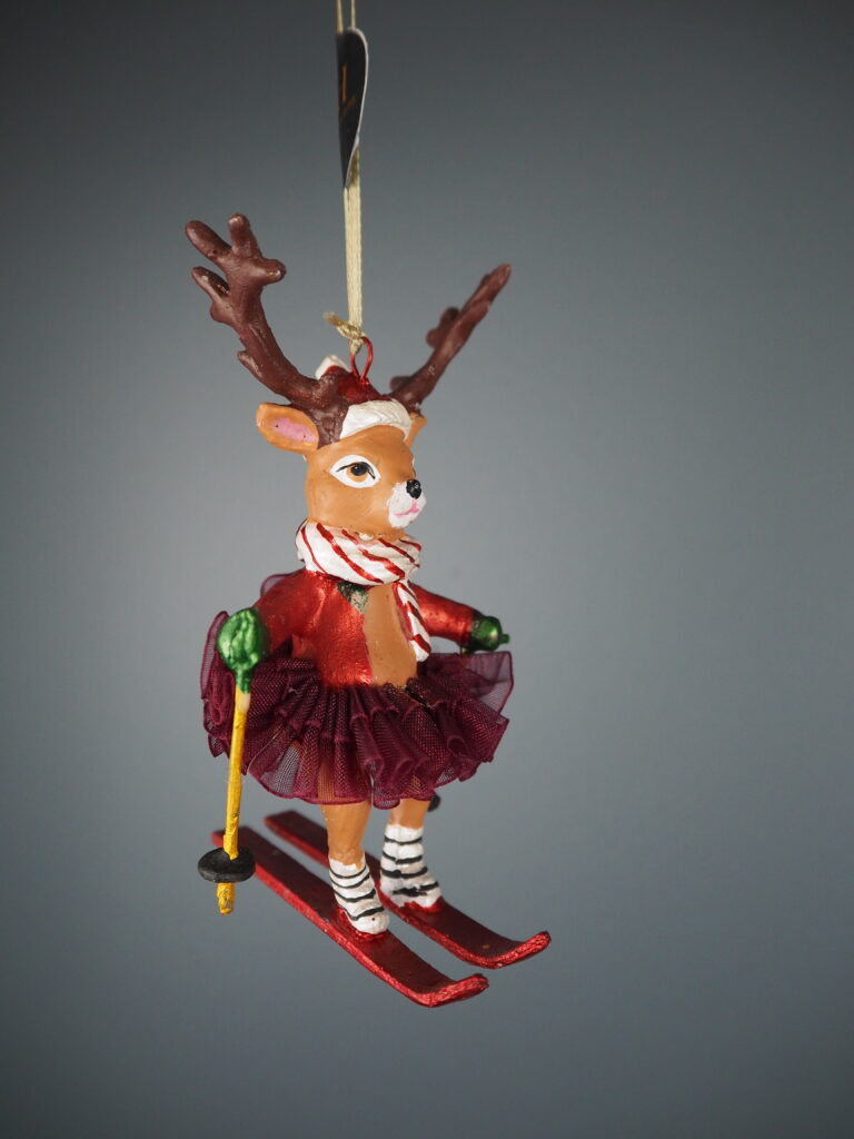 Skiing deer in red w/ fabskirt orn - Image 4