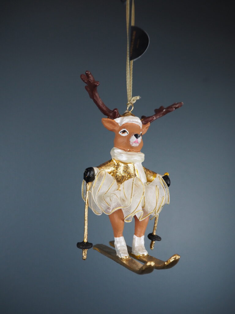 Skiing deer in white w/ fabskirt orn - Image 2