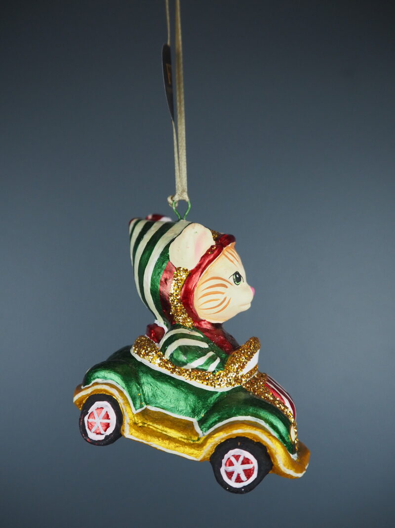 Xmas Cat in mini car red/green