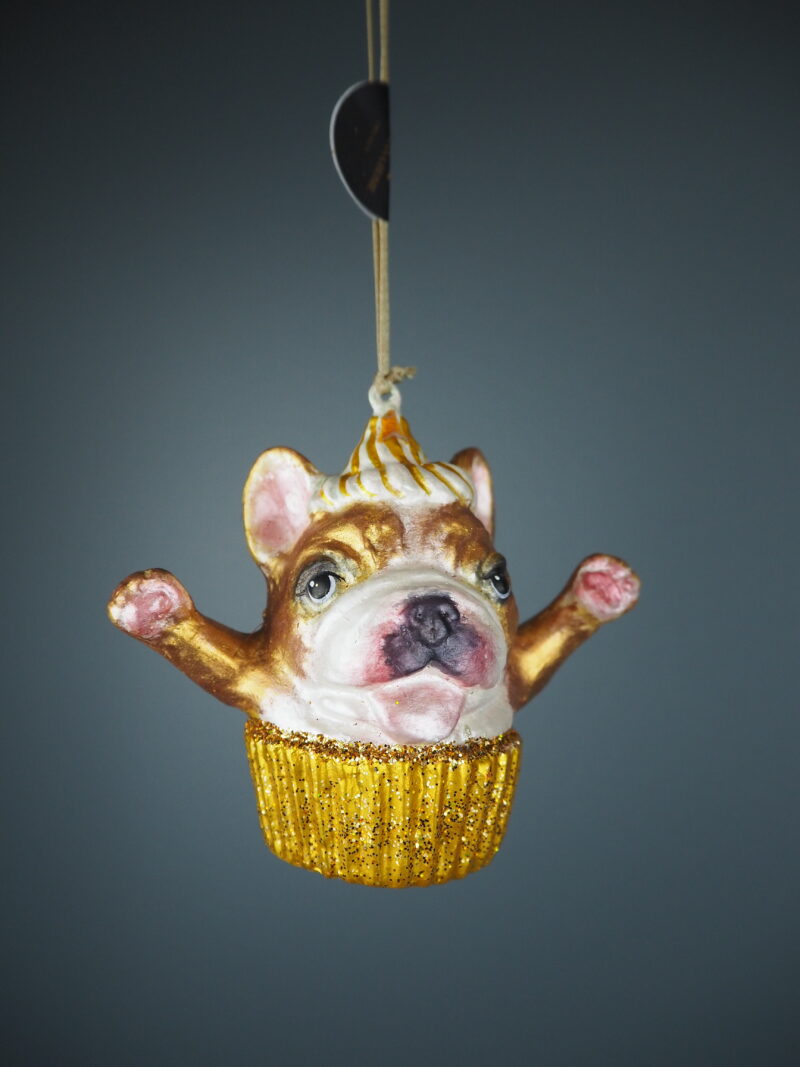 Cupcake dog in gold orn